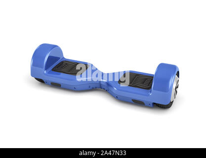 3D-Rendering von einer einzigen blauen Hoverboard in der Vorderansicht auf weißem Hintergrund. Urban Transport. Persönlicher Transport. Freizeitgeräte. Stockfoto