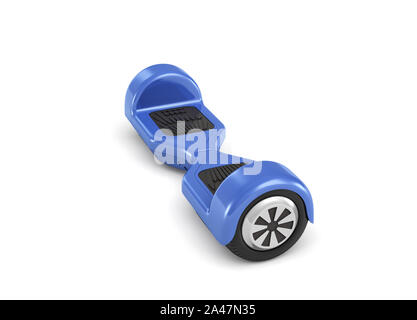 3D-Rendering von einer einzigen blauen Hoverboard in der Vorderansicht auf weißem Hintergrund. Urban Transport. Persönlicher Transport. Freizeitgeräte. Stockfoto