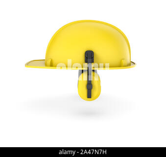 3D-Rendering von einem gelben Helm mit Kopfhörern auf weißem Hintergrund. Bau und Konstruktion. Sicherheit am Arbeitsplatz. Uniform. Stockfoto