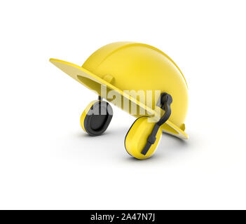 3D-Rendering von einem gelben Helm mit Kopfhörern auf weißem Hintergrund. Bau und Konstruktion. Sicherheit am Arbeitsplatz. Uniform. Stockfoto