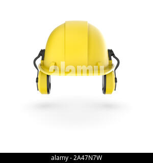 3D-Rendering von einem gelben Helm mit Kopfhörern auf weißem Hintergrund. Bau und Konstruktion. Sicherheit am Arbeitsplatz. Uniform. Stockfoto