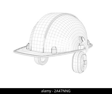 3D-Drahtmodell ein Schutzhelm mit Kopfhörer auf dem weißen Hintergrund. Bau und Konstruktion. 3D-Modellierung. Uniform und Ausrüstung. Stockfoto