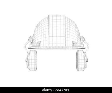 3D-Drahtmodell ein Schutzhelm mit Kopfhörer auf dem weißen Hintergrund. Bau und Konstruktion. 3D-Modellierung. Uniform und Ausrüstung. Stockfoto