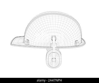 3D-Drahtmodell ein Schutzhelm mit Kopfhörer auf dem weißen Hintergrund. Bau und Konstruktion. 3D-Modellierung. Uniform und Ausrüstung. Stockfoto