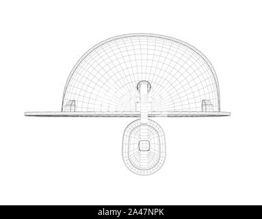 3D-Drahtmodell ein Schutzhelm mit Kopfhörer auf dem weißen Hintergrund. Bau und Konstruktion. 3D-Modellierung. Uniform und Ausrüstung. Stockfoto