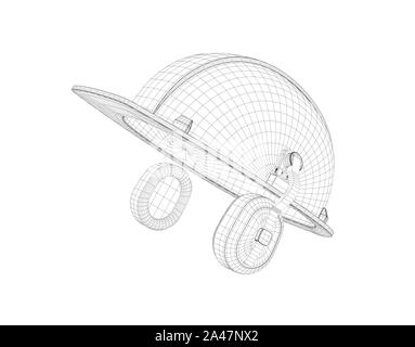 3D-Drahtmodell ein Schutzhelm mit Kopfhörer auf dem weißen Hintergrund. Bau und Konstruktion. 3D-Modellierung. Uniform und Ausrüstung. Stockfoto