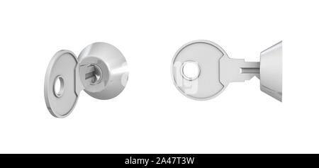 3D-Rendering von 2 Schlüssel in Schlüsselschalter auf weißem Hintergrund. Öffnen und Schließen. Verriegelung nach oben. Sicherheitsmaßnahmen. Stockfoto