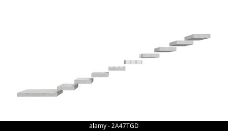 3D-Rendering einer grauen Stein Treppe aus separaten Betonblöcke in der Luft hängen auf weißem Hintergrund. Gehen oben. Corporate Ladder. Unzuverlässig Stockfoto