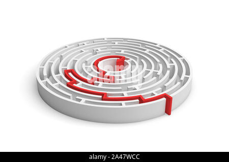 3D-Rendering für eine weiße, runde Labyrinth mit einem roten Pfeil angezeigt. Geheimnisse und Mysterien. Rätsel und Probleme. Fragen und Antworten. Stockfoto