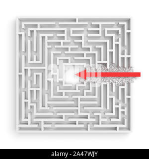 3D-Rendering von einem Quadrat Labyrinth mit einem roten Pfeil Kreditaufnahme in die Mitte auf weißem Hintergrund. Irrgärten und Labyrinthe. Probleme und Lösungen. Une Stockfoto