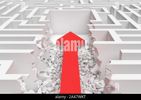 3D-Rendering von einem Quadrat Labyrinth mit einem roten Pfeil Kreditaufnahme zum Zentrum in Detailansicht. Irrgärten und Labyrinthe. Probleme und Lösungen. Unerwartete appro Stockfoto