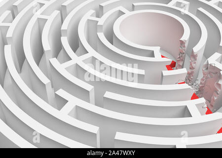 3D-Rendering für eine runde Labyrinth mit einem roten Pfeil Kreditaufnahme zum Zentrum in Detailansicht. Irrgärten und Labyrinthe. Probleme und Lösungen. Unerwartete approa Stockfoto