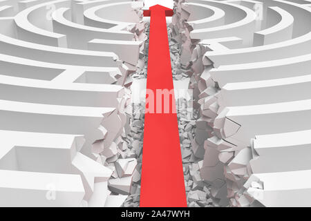 3D-Rendering für eine weiße, runde Labyrinth in der Seitenansicht in der Hälfte durch einen roten Pfeil Linie unterteilt. Irrgärten und Labyrinthe. Pfeil Streik. Geschäftliche Probleme. Stockfoto