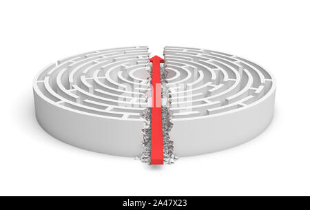 3D-Rendering für eine weiße, runde Labyrinth in der Seitenansicht in der Hälfte durch einen roten Pfeil Linie unterteilt. Irrgärten und Labyrinthe. Pfeil Streik. Geschäftliche Probleme. Stockfoto