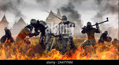 Mittelalterliche Schlacht von Ritter in Brand Stockfoto