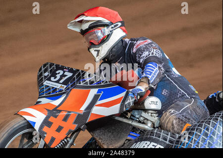 Manchester, Großbritannien. 11. Oktober 2019. Marek Cossar während der ACU-Sidecar Speedway Manchester Meister, Belle Vue nationalen Speedway Stadion, Manchester Freitag, 11. Oktober 2019 (Quelle: Ian Charles | MI Nachrichten) Credit: MI Nachrichten & Sport/Alamy leben Nachrichten Stockfoto