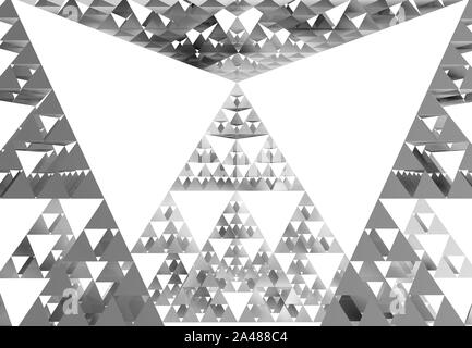 Grau Sierpinski-dreieck close-up auf weißem Hintergrund. Es ist eine Fraktale mit der allgemeinen Form eines gleichseitigen Dreiecks, rekursiv unterteilt in Stockfoto