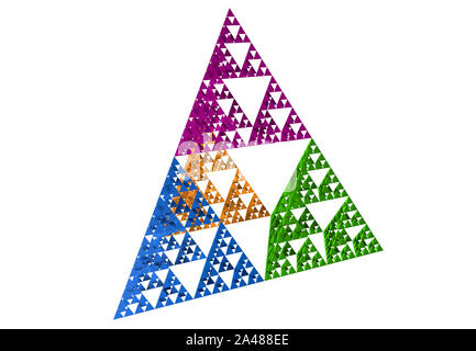 Blau, Grün, Gelb und Lila Sierpinski-dreieck auf weißem Hintergrund. Es ist eine Fraktale mit der allgemeinen Form eines gleichseitigen Dreiecks, unterteilt. Stockfoto