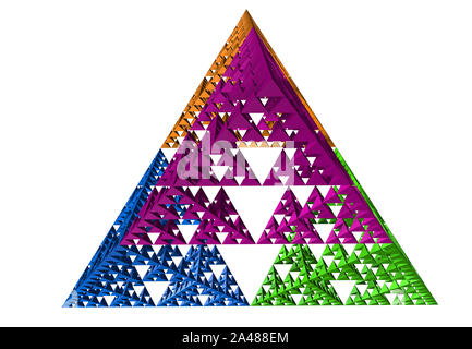 Blau, Grün, Gelb und Lila Sierpinski-dreieck auf weißem Hintergrund. Es ist eine Fraktale mit der allgemeinen Form eines gleichseitigen Dreiecks, unterteilt. Stockfoto