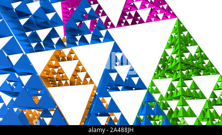 Blau, Grün, Gelb und Lila Sierpinski-dreieck close-up auf weißem Hintergrund. Es ist eine Fraktale mit der allgemeinen Form eines gleichseitigen Dreiecks, su Stockfoto