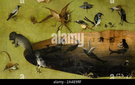 File-Bosch, Hieronymus - Der Garten der Lüste, links Panel - Detail Teich mit fiktiven Kreaturen (unten rechts). Stockfoto