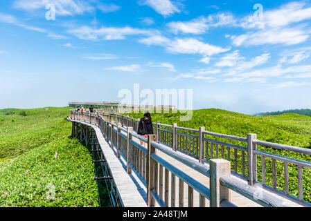 SHIRETOKO, Hokkaido, Japan - JUL 25 2017: Holz- Trail bei fünf Seen in Shiretoko Weltkulturerbe in fünf See und Berge zu Shiretoko, Hokkaido, Japan Stockfoto