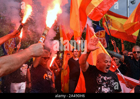 Barcelona, Spanien. 12 Okt, 2019. Eine Gruppe von Demonstranten aus ganz rechts mit farbigen Flares und Salutierte der NS-Weg, während der Demonstration. Rund 200 Menschen aus verschiedenen Gruppen im Zusammenhang mit der extremen Rechten für die Einheit Spaniens manifestiert haben und gegen die Unabhängigkeit Kataloniens auf der Hispanic Heritage Day in Barcelona. Credit: SOPA Images Limited/Alamy leben Nachrichten Stockfoto