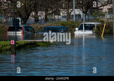 Kawagoe, Japan. 13 Okt, 2019. Autos parken in einem Bereich, in Kawagoe city überschwemmt, in Japan am 13. Oktober 2019. Leistungsstarke typhoon Hagibis und Nachwirkungen Flut riss über dem Land und tötete 11 Menschen und Dutzende von vermissten Personen. Kawagoe. Quelle: Lba Co.Ltd./Alamy leben Nachrichten Stockfoto