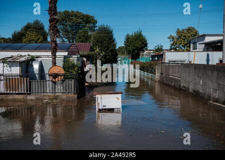 Kawagoe, Japan. 13 Okt, 2019. Eine kleine Straße in Kawagoe city überschwemmt, in Japan am 13. Oktober 2019. Leistungsstarke typhoon Hagibis und Nachwirkungen Flut riss über dem Land und tötete 11 Menschen und Dutzende von vermissten Personen. Kawagoe. Quelle: Lba Co.Ltd./Alamy leben Nachrichten Stockfoto