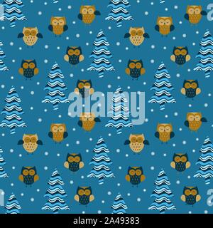 Festliche nahtlose Muster mit Eulen und Weihnachtsbäumen. Einfach gezeichnet Waldvögeln mit Schneeflocken und Tannen auf rosa Hintergrund. Vector Illustration. Stock Vektor