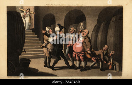 Regency Pfarrer mit dem Butler und andere Mitarbeiter in des Herzogs von Devonshire Keller in Chatsworth House trinken Bier vom Faß. Dr. Syntax aus dem Keller. Papierkörbe Kupferstich erstellt und von Thomas Rowlandson von William Combe der Tour der Doctor Syntax auf der Suche nach dem Malerischen, Rudolph Ackermann, London, 1813 eingraviert. Stockfoto