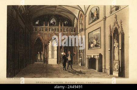 Regency Herren in einem neugotischen Stil Zimmer bei Eaton Hall. Dr. Syntax visits Eaton Hall, Cheshire. Land Haus des Herzogs von Westminster, Earl Grosvenor, erbaut vom Architekten William Porden. Papierkörbe Kupferstich erstellt und von Thomas Rowlandson von William Combe der Tour der Doctor Syntax auf der Suche nach Trost, Rudolph Ackermann, London, 1820 eingraviert. Stockfoto