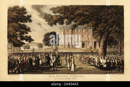 Outdoor Hochzeit Bankett an würdige Halle. Gäste feiern an langen Tischen vor ein herrschaftliches Haus. Dr Syntax wirft einen Toast. Miss würdig Ehe. Dr. Syntax in den Stuhl. Papierkörbe Kupferstich erstellt und von Thomas Rowlandson von William Combe der Tour der Doctor Syntax auf der Suche nach Trost, Rudolph Ackermann, London, 1820 eingraviert. Stockfoto