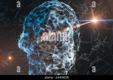 Menschlichen Kopf aus technologischen Linien, die mit dem Begriff der Künstlichen Intelligenz, 3D-Rendering. Stockfoto