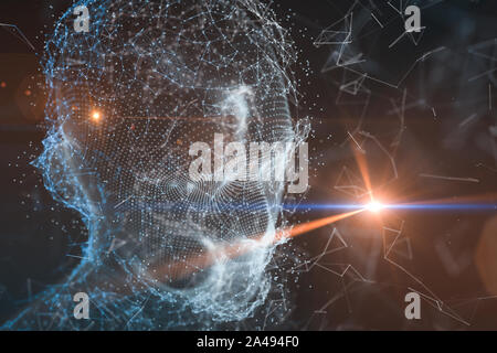 Menschlichen Kopf aus technologischen Linien, die mit dem Begriff der Künstlichen Intelligenz, 3D-Rendering. Computer digitale Zeichnung. Stockfoto