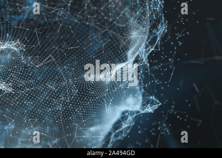 Menschlichen Kopf aus technologischen Linien, die mit dem Begriff der Künstlichen Intelligenz, 3D-Rendering. Computer digitale Zeichnung. Stockfoto