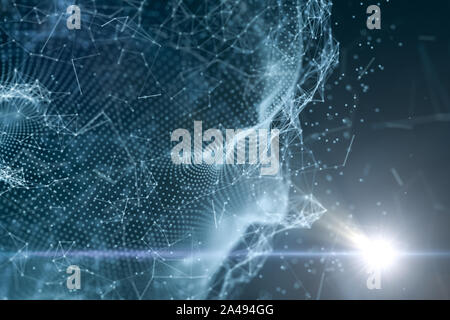 Menschlichen Kopf aus technologischen Linien, die mit dem Begriff der Künstlichen Intelligenz, 3D-Rendering. Computer digitale Zeichnung. Stockfoto
