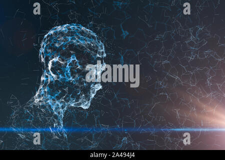 Menschlichen Kopf aus technologischen Linien, die mit dem Begriff der Künstlichen Intelligenz, 3D-Rendering. Computer digitale Zeichnung. Stockfoto
