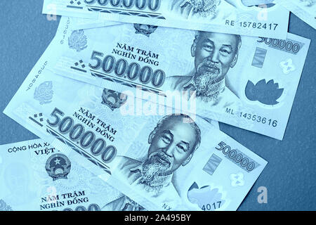 Fünf hundert tausend Vietnamesische Dong hautnah. Geld Hintergrund blau getönt Stockfoto