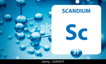 Scandium Sc, chemisches Element, Zeichen. 3D-Rendering auf weißem Hintergrund. Scandium chemische 21 Element für wissenschaftliche Experimente im Klassenzimmer überwachungspersonen Stockfoto