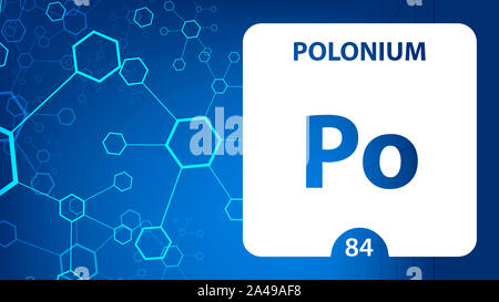 Polonium 84 Element. Erdalkalimetalle. Chemisches Element von Mendelejew Periodensystem. Polonium in quadratischen Kubus kreatives Konzept. Chemische, Laboratorien Stockfoto