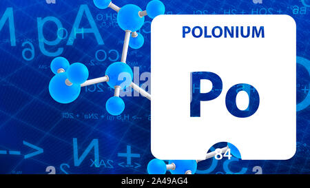 Polonium Po, chemisches Element, Zeichen. 3D-Rendering auf weißem Hintergrund. Polonium chemisch 84 Element für wissenschaftliche Experimente im Klassenzimmer überwachungspersonen Stockfoto