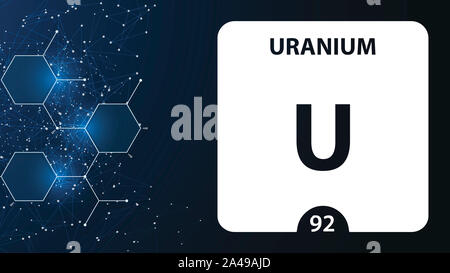 Uran 92 Element. Erdalkalimetalle. Chemisches Element von Mendelejew Periodensystem. Uran in quadratischen Kubus kreatives Konzept. Chemie, Labor Stockfoto