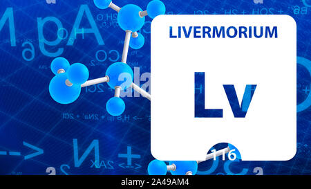 116 Livermorium Element. Erdalkalimetalle. Chemisches Element von Mendelejew Periodensystem. Livermorium in quadratischen Kubus kreatives Konzept. Chemische, l Stockfoto