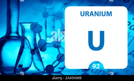 Uran U, chemisches Element, Zeichen. 3D-Rendering auf weißem Hintergrund. Uran chemische 92 Element für wissenschaftliche Experimente im Klassenzimmer Wissenschaft Stockfoto