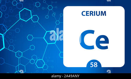 Cer 58 Element. Erdalkalimetalle. Chemisches Element von Mendelejew Periodensystem. Cerium in quadratischen Kubus kreatives Konzept. Chemie, Labor Stockfoto