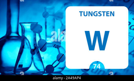 Tungsten W, chemisches Element, Zeichen. 3D-Rendering auf weißem Hintergrund. Tungsten chemische 74 Element für wissenschaftliche Experimente im Klassenzimmer scienc Stockfoto