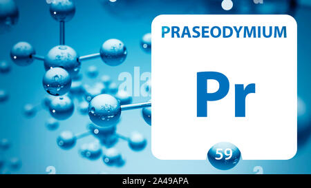 Praseodym Pr, chemisches Element, Zeichen. 3D-Rendering auf weißem Hintergrund. Praseodym chemische 59 Element für wissenschaftliche Experimente in classro Stockfoto