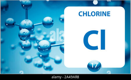 Chlor Cl, chemisches Element, Zeichen. 3D-Rendering auf weißem Hintergrund. Chlor Chemie 17 Element für wissenschaftliche Experimente im Klassenzimmer überwachungspersonen Stockfoto