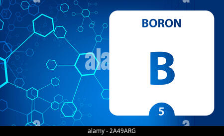 Bor 5 Element. Erdalkalimetalle. Chemisches Element von Mendelejew Periodensystem. Bor in quadratischen Kubus kreatives Konzept. Chemie-, Labor- und Stockfoto